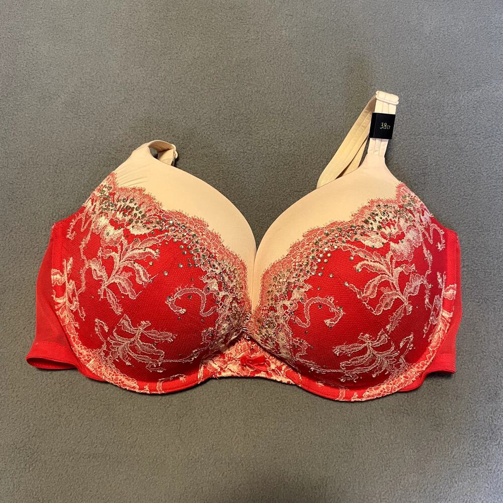 Victoria's Secret Bra 38D Red Very Sexy Plunge Padded Push Up Sparkle